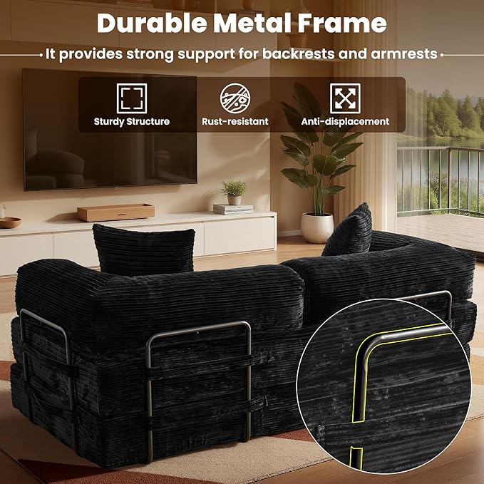 ovios 81 Folding Sofa Bed Foldable Sleeper Boneless Couch with Pull Out Beds Modular Convertible Floor Futon Loveseat Lounger for Living Room (Corduroy Black)