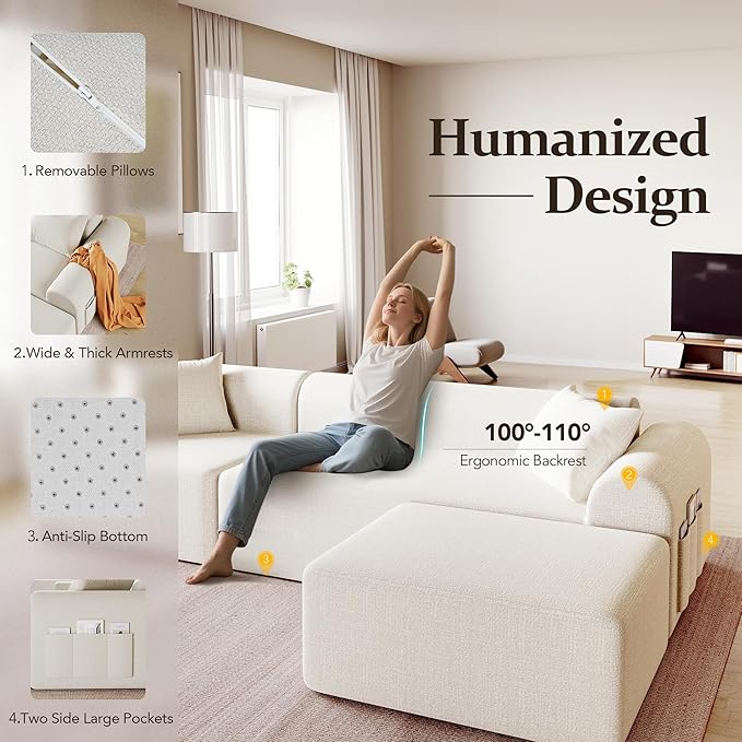 105.5” Cloud Boneless Sectional Sofa for Living Room L-Shaped 4-Seater Modular Couch with Ottoman &amp 4 Pillows Deep Seat Chenille Fabric Sofa No Assembly 72H Full Restore Beige