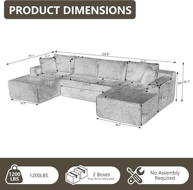 133.5 Blue Oversized U Shaped Cloud Couch Large Boneless Deep Seat Modular Sectional Sofa with Cup Holders &amp Side Pockets Modern Corduroy Foam Compressed Sofa Set for Living Room Apartment