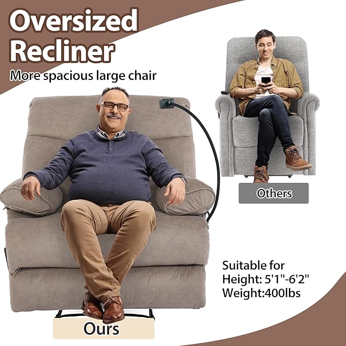 Manual Oversized Recliner Chair for Heavy Duty Adults 400lbs Extra Wide Recliner with Phone Holder Big Man Recliners for Living Room Bedroom Nursery RV Brown