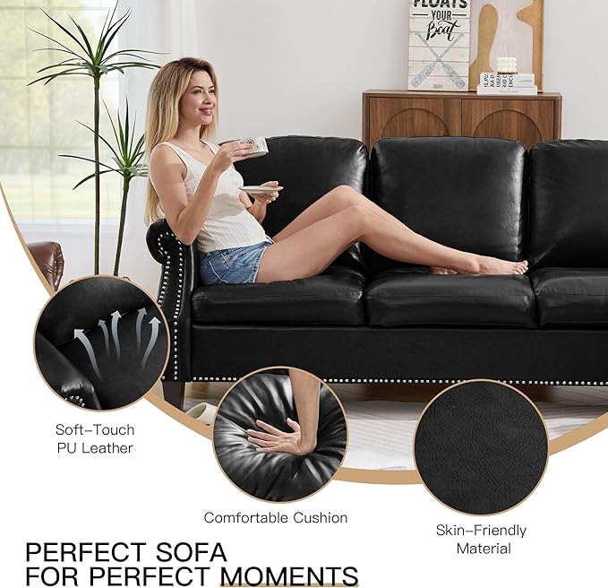 AVZEAR 3-Piece Sectional Sofa Set PU Leather SofaSmall Couch Set Mid Century Modern Couches with Classic Tufted Button Comfy 1+2+3 Seater Couch for Living Room Black