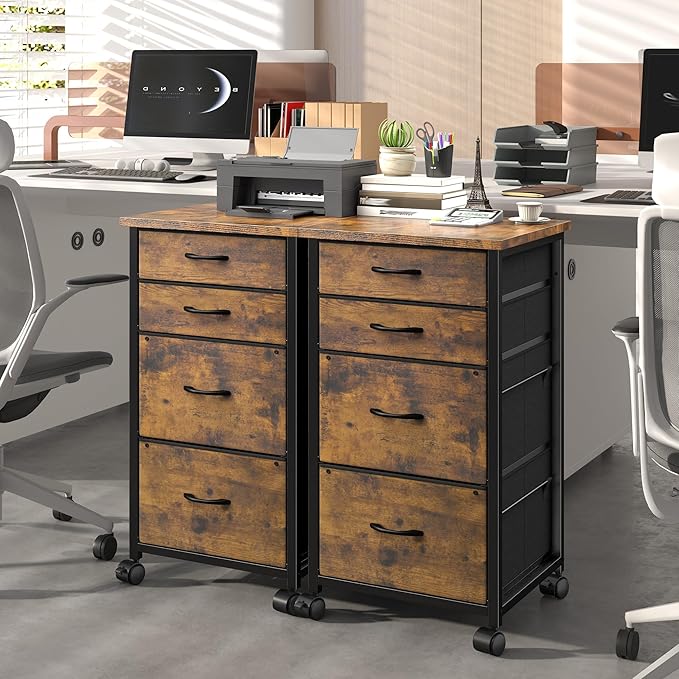 4 Drawers Mobile File Cabinet Vertical Filing Cabinet with Fabric Drawer Fits A4/Letter Size Printer Stand for Home OfficeRustic Brown