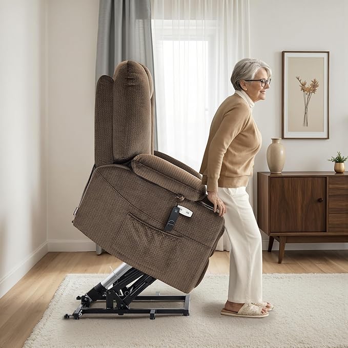 MCombo Oversized Power Lift Recliner Chair Sofa with Massage and Heat for Elderly People Petite USB Ports Side Pockets Fabric R7561 (Brown Small-Oversize)