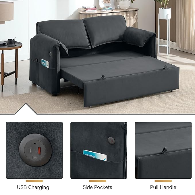 63 Velvet Pull Out Sofa Bed 3-in-1 Convertible Futon Loveseat Queen Sleeper Sofa Couch Bed with Adjustable Backrest USB Ports &amp Side Pockets Modern Sofas for Living Room Apartment Dark Grey