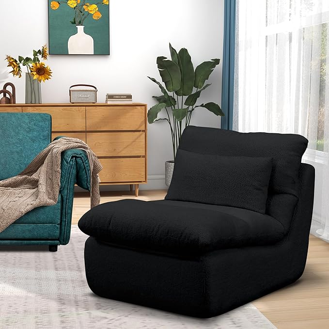 FHFO Sponge Single Sofa 32 Boneless Sofa for Small Spaces Comfy Sofas with Removable Cover Teddy Compression Sofa with Pillows for Living Room Bedroom Apartmen-Black