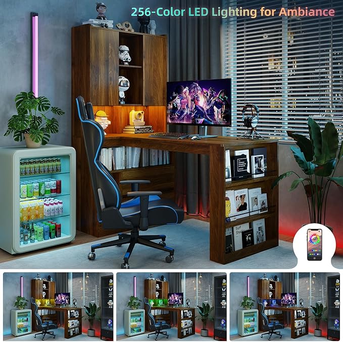L Shaped Desk with Hutch and 2 Drawers Computer Desk with USB Ports Power Outlets &amp LED Light Wood Corner Computer Desk with Storage Shelves for Home Office Brown