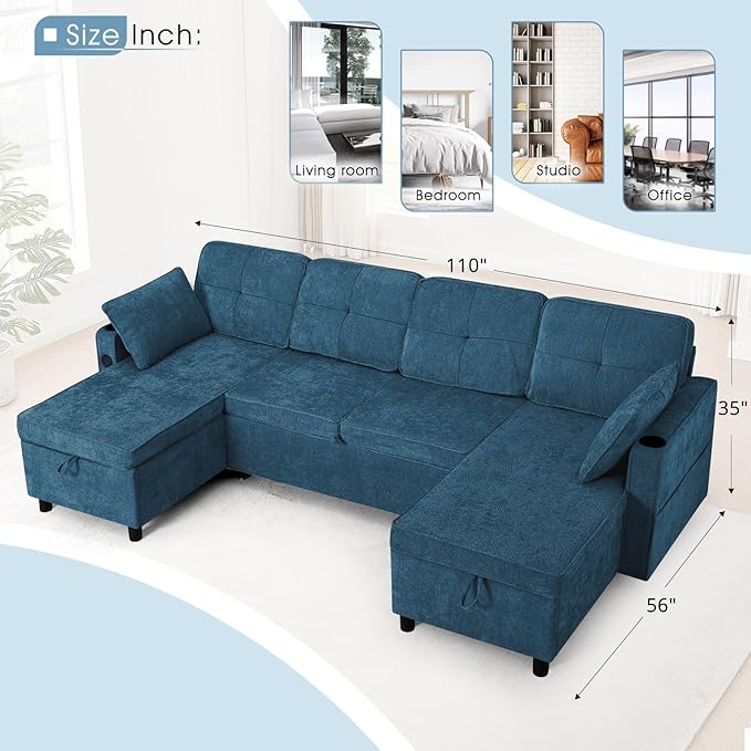 110 Inches U Shaped Sofa w/Adjustable Back &amp Pull-Out Sofa Bed Chenille Tufted Sectional Couch w/Storage Chaise &ampUSB Charging Port Modern Sleeper Couch w/Cup Holders for Living Room Blue