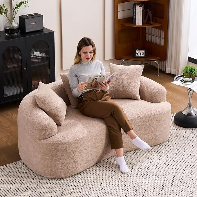 65 Curved LoveseatDeep Seat Cloud Floor Couch with 3 BackrestCozy Chenille FabricSmall Loveseat for Small SpacesBedroomOfficeApartment (Beige 65 Inch)