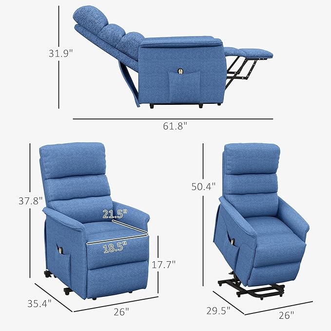 HOMCOM Power Lift Recliner Chair for Elderly Easy Assembly Fabric Lift Chair for Adults Recliner Sofa with Remote Control Side Pockets for Living Room Blue