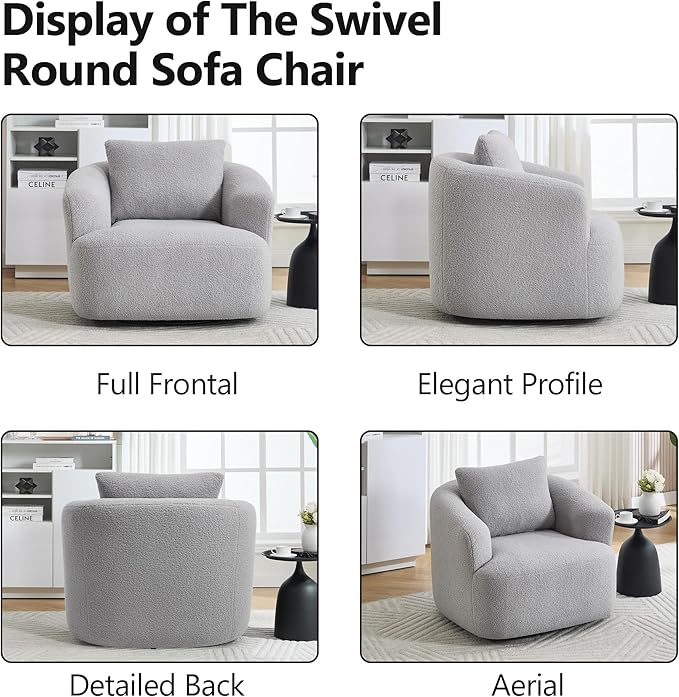 360° Rotating Round Plush Chair with Removable Pillow - High-Resilience Foam &amp Spring Support No-Assembly Teddy Velvet Armless Sofa for Living Room/Bedroom (Light Grey)