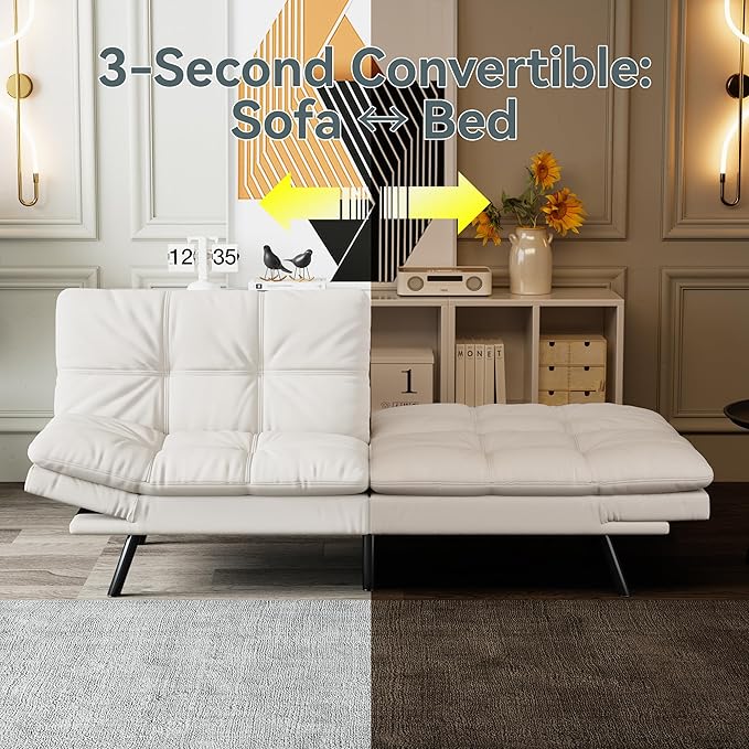Futon Sofa Bed Convertible Couch White Faux Leather Sofa Bed with Memory Foam Adjustable Backrest &amp Armrests Multifunctional Small Loveseat Sleeper Sofa for Living Room Apartment Office