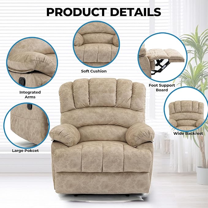 Modern Manual Recliner Chair for AdultsLazy Boy Recliner Chair Oversized Single Sofa with Footrest&ampAdjustable BackrestPocketsFabric (Beige)