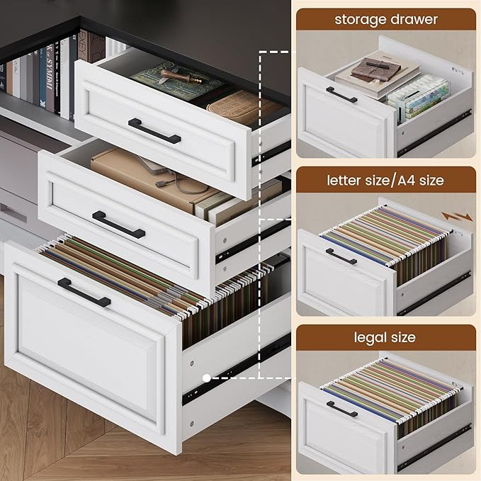 SEDETA Farmhouse 61 Executive L Shaped Desk Home Office Desk with File Drawers Computer Desk with Power Outlets and Storage Shelves for Home Office White