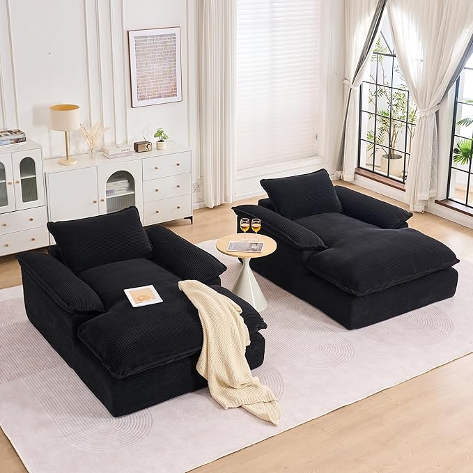 GNIXUU 67 Oversized Chaise Lounge Chair Indoor Corduroy Upholstered Boneless Sleeper Sofa Bed Comfy Large Reading Chair with Wide Armrests Plush Cloud Couch for Living Room Bedroom Black