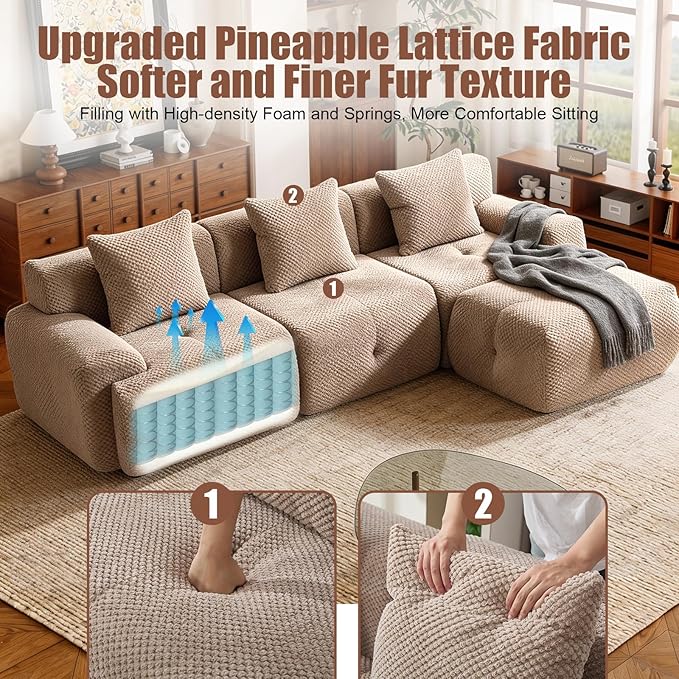 104 Modular Sectional SofaModern L-Shaped Couch Boneless Couch Filling with Spring and Foam Soft Pineapple Lattice Material with Movable Ottoman for Living Room - No Assembly