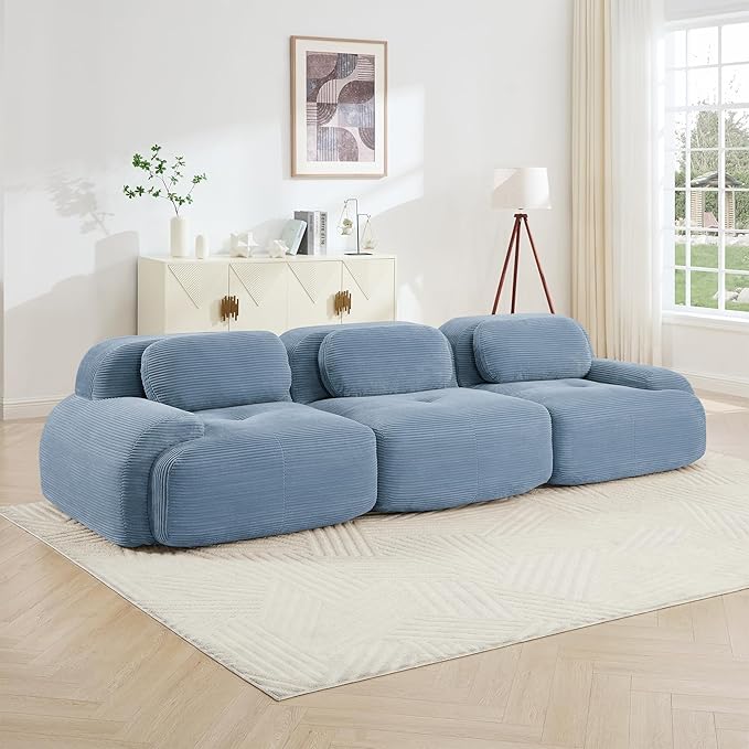 KEIKI 117 Oversized Corduroy Modular Sectional Sofa with High-Density Foam Cushions Curved Armrest Upholstered Modern Non-Slip Base Design 3-Seater Cloud Couch with 3 Pillow for Living Room Blue