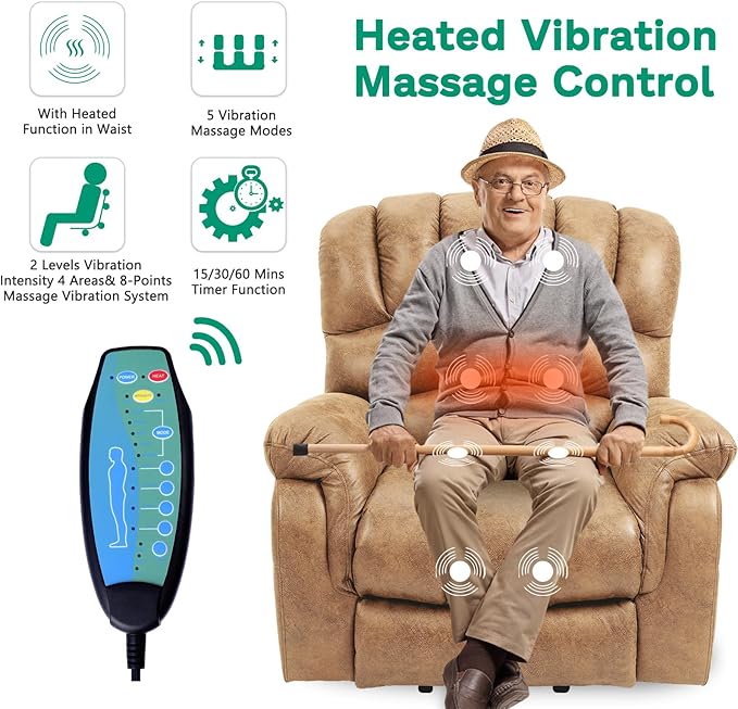 VIVIJASON Tall Man Large Power Lift Recliner Chair with Extended Footrest for Elderly Overstuffed Wide Electric Lift Chair with Heat &amp Massage 2 Remote Controls Side Pockets &amp USB Ports Sa