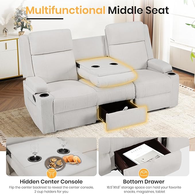 Reclining Sofa CouchLoveseat Recliner Sofa with Drop Down Table/ 4 Cup Holder/Hidden Storage Wall Hugger Recliner Sofa for Living Room &amp Home Theater &amp RV(Beige)