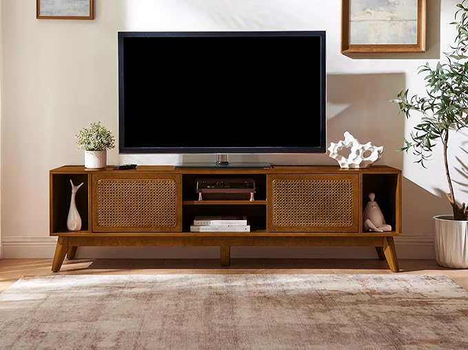 LKTART 68 Inch Mid Century Modern TV Stand with Rattan DoorsMCM Entertainment Center Media Console for 60/65/70/75 inch TVsLong Boho Television Stand for Living RoomLight Walnut