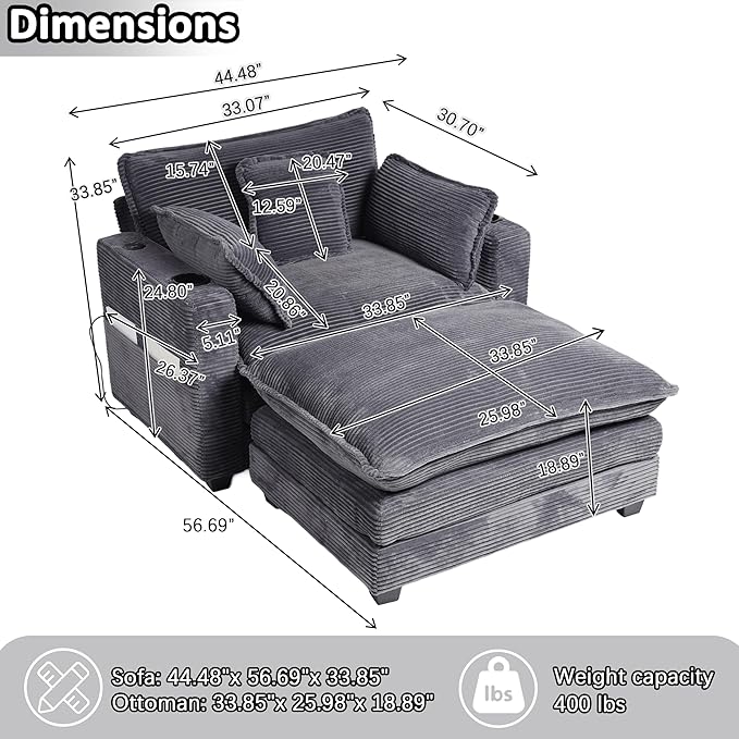 Corduroy Oversized Chair with Seat Pad - 44 Wide King Comfortable Chair and Seat Cover Set Modern Single Sofa Armrest with USB Port and Cup Holder Living Room Cloud Lounger (Grey)