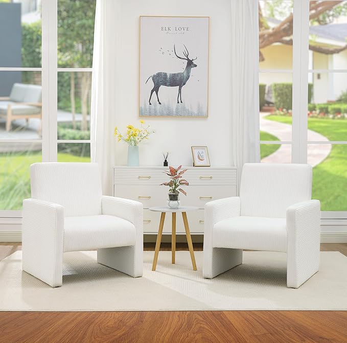 FUNKEEN Mid Century Modern Accent Chair for Living Room Small Comfy Corduroy Reading Chair for Bedroom with Solid Wood Frame 105° Ergonomic Cozy Lounge Armchairs for Adults – White