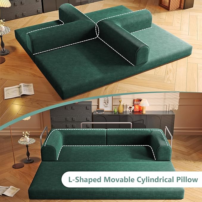 Folding Boneless Couch Convertible Sleeper Sofa Bed Futon Lounge Chair Boneless Corduroy Loveseat with Pull Out Bed Floor Sofa Modular Couch for Living Room Basement Movie Theater Room Green