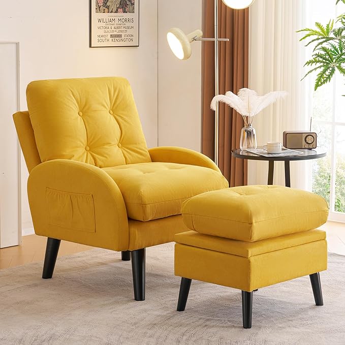 ELUCHANG Accent Chairs with Ottoman Upholstered Comfy Armchair with Adjustable Backrest&ampStorage Footrest Lazy Chair Reading Chair Leisure Sofa Recliner for Living Room Bedroom (Yellow - Linen)