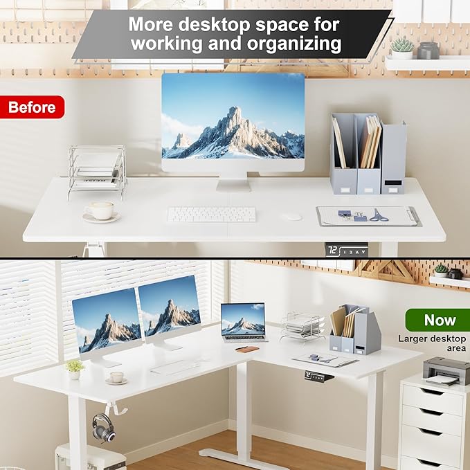 Shahoo L-Shaped Corner Standing Desk Electric Height Adjustable Table Home Office Workstation 63 x 48 Inch White