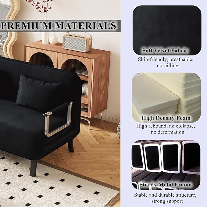 Convertible Sofa Bed Full Size Velvet Tri-Fold Sofa Bed with 6-Position Adjustable Backrest Multi-Functional Folding Chaise Lounge Couch for Home Office 55 W x 74.8 L Black