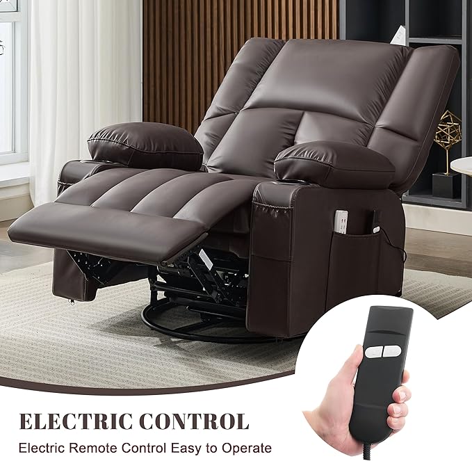 Oversized Recliner Chairs for Adults 270° Swivel Rocker Recliner with Heat and Massage Lazy Boy ReclinerRecliner Chairs Single Sofa Seat with Cup Holders (DarkbrownElectric)