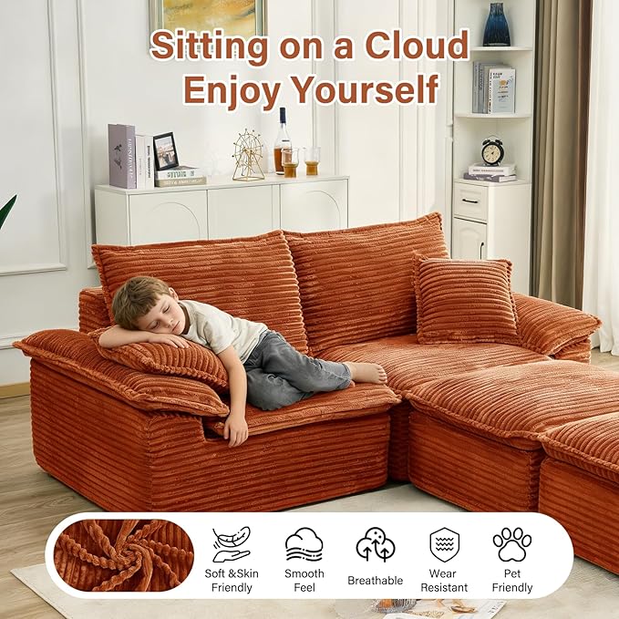 Convertible Sofa BedSleeper Sofa with Deep SeatComfy Corduroy Fluffy Boneless Couch with Movable OttomanCloud Couch for Small PlaceNo Assembly Required.（LoveseatOrange）