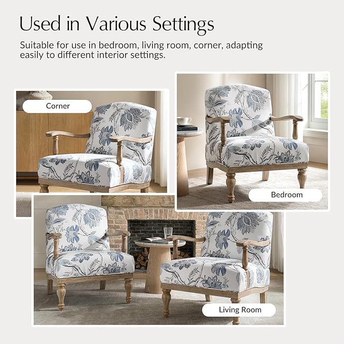 HULALA HOME Floral Accent Chair Set of 2 with Solid Wood Spindle Legs and Arms Upholstered Fabric Armchair with Solid Wood Base Patterned Wingback Chair for Farmhouse Living Room Bedroom Jacobean