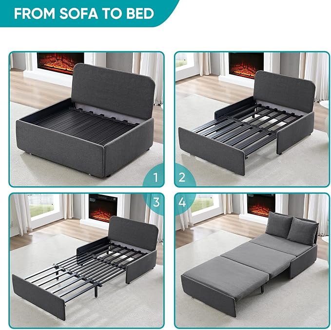 BALUS 43W Twin Pull Out Sofa Bed Sleeper Couch with Pullout Beds 2 in 1 Convertible Linen Sleepers Sofa Single Chair with Pillows and 3.9 Foldable Mattress for Small Space Apartment Loft Dark Grey