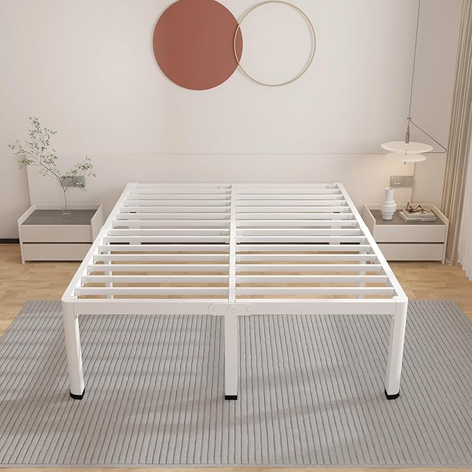 ROIL 12 Inch White King Bed Frame with Rounded Corner and Headboard Hole Mattress Retainers 3500LBS Heavy Duty Steel Slats No Box Spring Needed Platform Noise-Free Easy Assembly