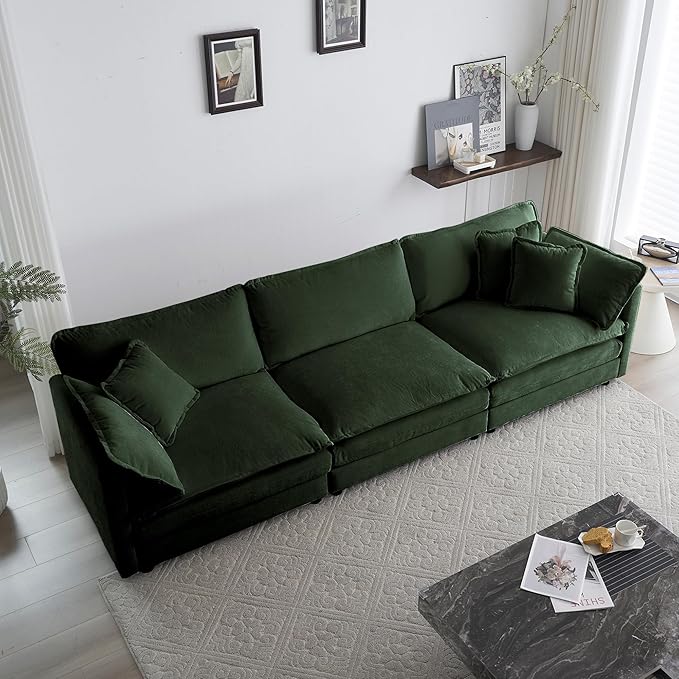 KIVENJAJA Chenille Modular Sectional Couch Modern 3 Seater Comfy Deep Seat Cloud Sofa with 5 Pillows for Living Room Bedroom Office Apartment 111.5”W Green
