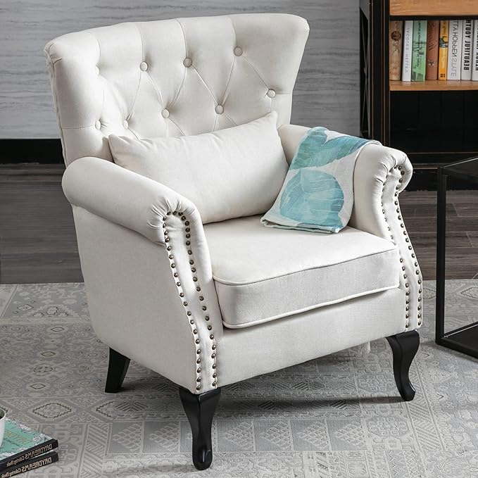 Accent Reading Arm Chairs for Living Room Bedroom Midcentury Modern Comfy Corner Sofa Chair Wingback Waiting Room Club Chair with Button Tufted Back &ampLumbar Pillow Linen Beige