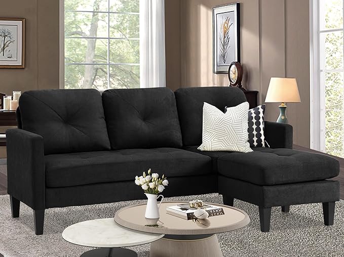 MAGIC UNION Sectional Sofa Set Convertible L-Shape Couch with Reversible Ottoman Modern Linen Fabric Sofa for Small Living Room Apartment Office (Black)