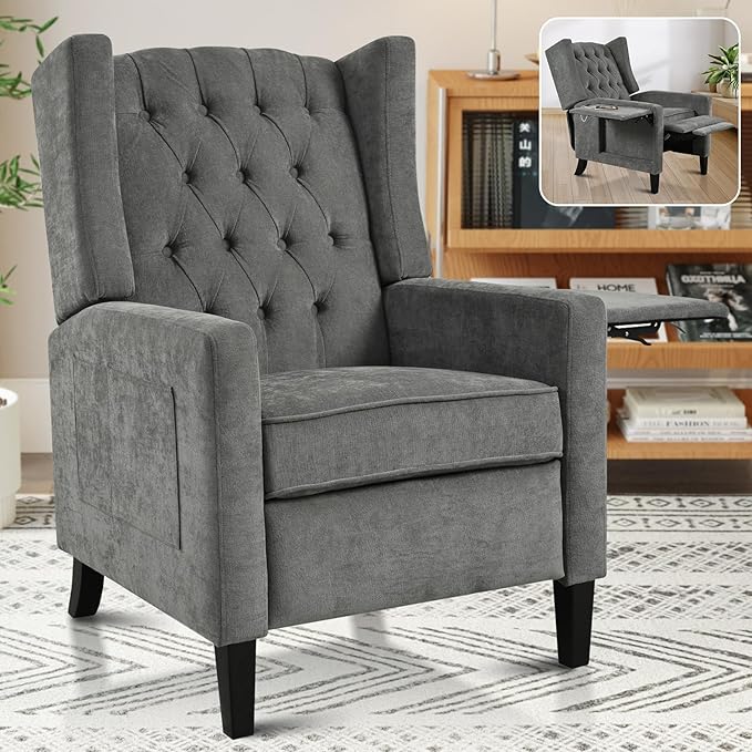 Wingback Recliner Chairs with Foldable Side Table&ampUSB Charging PortsMid Century Accent Single Sofa Small Recliner ChairModern Comfy Pushback Reclining Chair for Living Room (Polyester Grey)