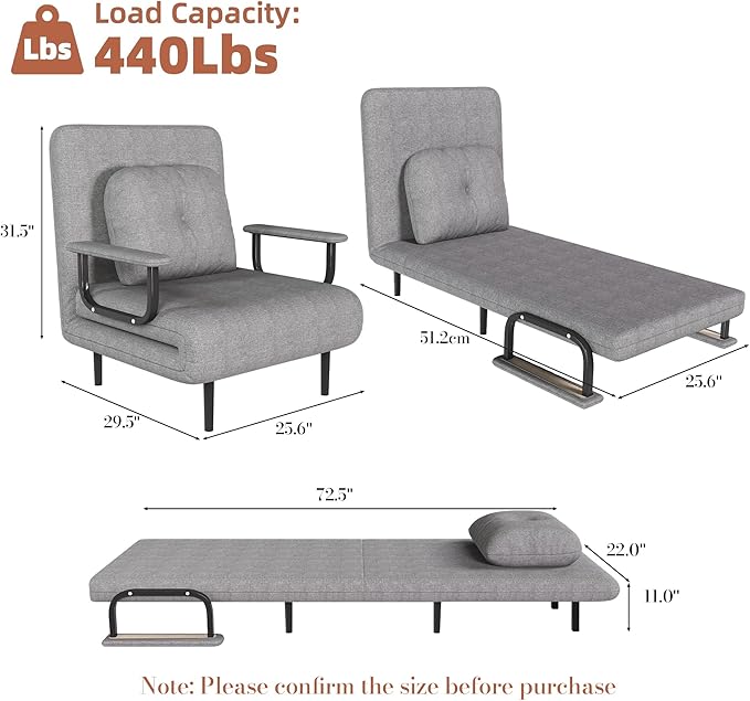 3 in 1 Sleeper Chair Bed Convertible Chair Bed Futon Sofa with Adjustable Backrest &amp Pillow Accent Chair for Apartment/Bedroom/Office (Gray)