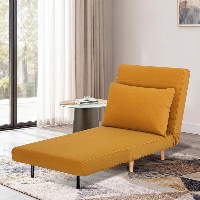 31 Convertible Sleeper Chair 3-in-1 Foldable Chair Bed with Pillow 3-Position Adjustable Backrest Single Sofa Bed for Apartment Office Orange Brown