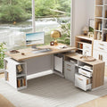 71 Standing Desk with 2 File Cabinet AC/USB 1.18 Desktop L Shaped Height Adjustable Desk Electric Furniture Set with Multiple Functions for Home and Office Light Walnut