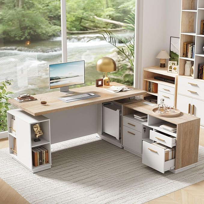 71 Standing Desk with 2 File Cabinet AC/USB 1.18 Desktop L Shaped Height Adjustable Desk Electric Furniture Set with Multiple Functions for Home and Office Light Walnut