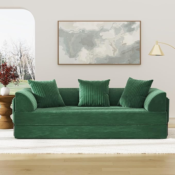 XVD 79 Boneless Sleeper Sofa Bed Convertible Futon Couch with Pillows and Storage Pocket Pull Out Compressed Sofa for Living Guest Room Bedroom Green