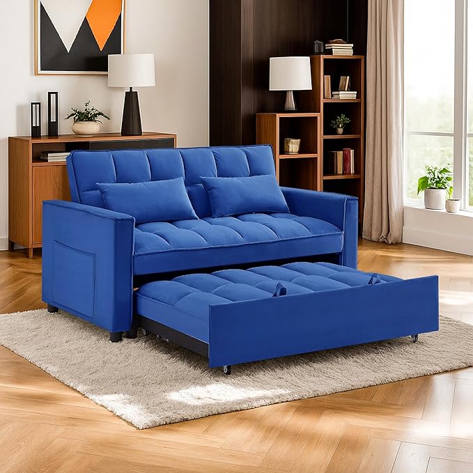 3 in 1 Convertible Sleeper Sofa BedFuton Pull Out Couch with Adjustable BackrestVelvet Fabric Loveseat Sofa with Side Pocket for Bedroom Living Room