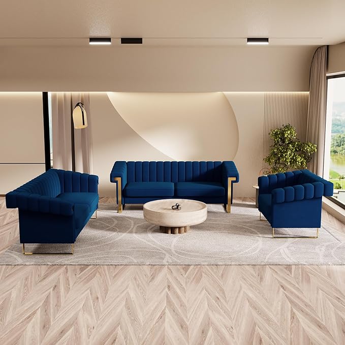 Mid-Century Modern Blue Velvet Single Sofa with Gold Metal Legs 49 Luxury Chesterfield Comfy Blue Sofa Chair for Living Room (Blue-1 Seater)