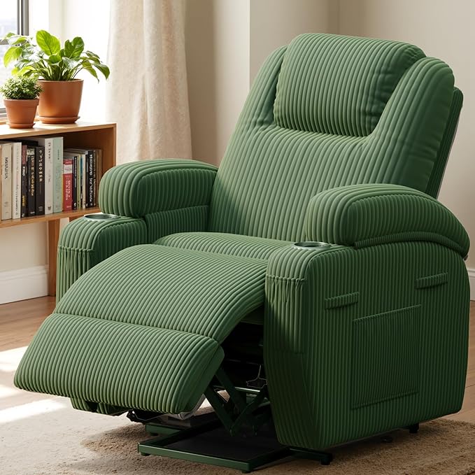 Flamaker Power Lift Chair Massage Recliner Chairs for Elderly Corduroy Ergonomic Design with Cup Holders &amp Side Pockets Remote Control (Green)