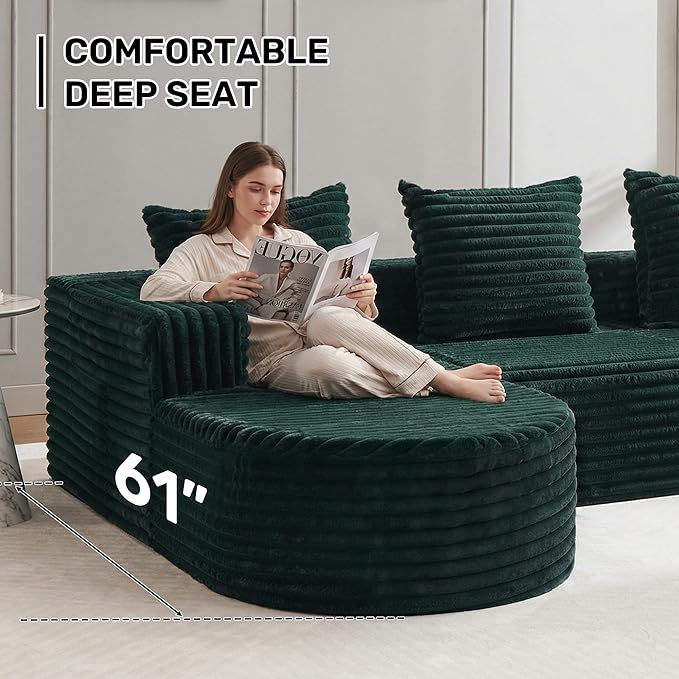 Boneless Cloud Couch Modular Sectional Sofa L-Shape with Chaise 102 Soft Faux Fur Deep Seat &amp 3 Pillows &amp 2 Side Pockets for Living Room Bedroom (Green Left Chaise)