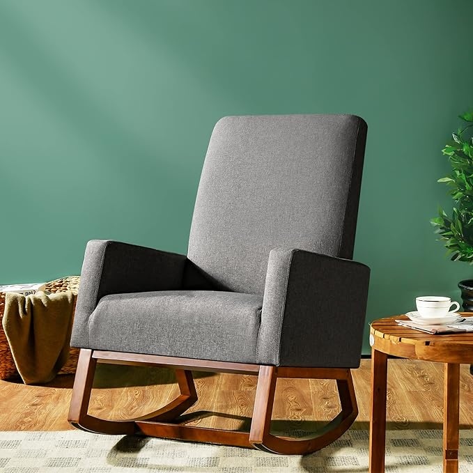 Giantex Upholstered Rocking Chair Modern Fabric Armchair w/Wood Base Side Pocket Linen Padded Seat High Back Accent Glider Rocker Chair Mid-Century Leisure Chair for Nursery Living Room (Gray)
