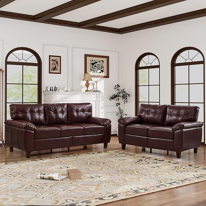 59W Faux Leather Sofa Loveseat Couch with Hidden Storage &amp Tufted Backrest Upholstered Mid Century Modern Couch Deep Seat Comfy Chesterfield Sofa for Livingroom Bedroom Office(2 Seater Burgu