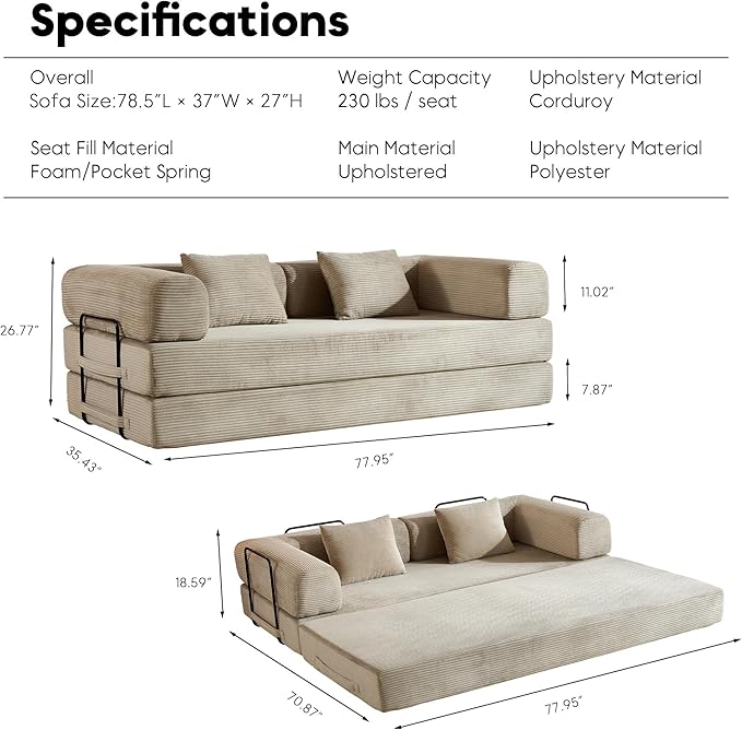 Convertible Boneless Lounge Couch Comfy Floor Sofa Bed for Bedroom Corduroy Floor Sofa with Armrest Floor Couch Bed for Living Beige